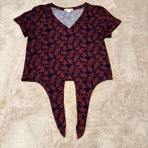 Marlow Women's Floral Tie Front Top Size L V-Neck Short Sleeve Boho